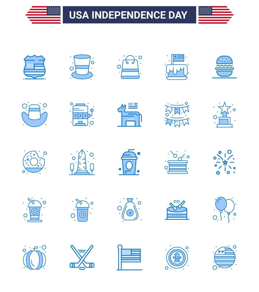 Happy Independence Day 25 Blues Icon Pack for Web and Print burger party bag independence festival Editable USA Day Vector Design Elements