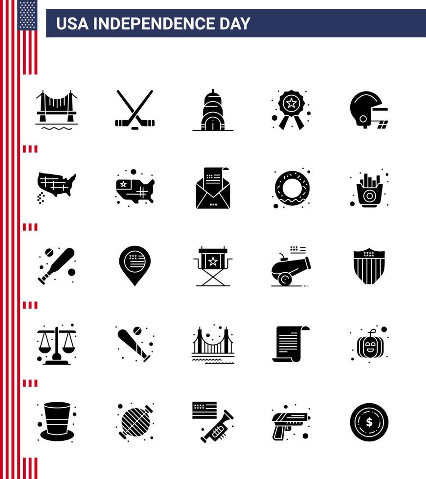 USA Independence Day Solid Glyph Set of 25 USA Pictograms of helmet american chrysler sign police Editable USA Day Vector Design Elements
