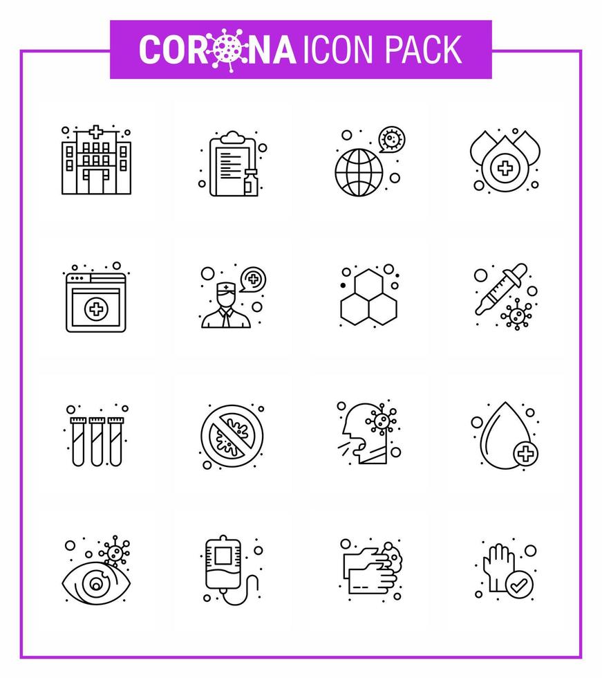 Corona virus disease 16 Line icon pack suck as online water worldwide drop virus viral coronavirus 2019nov disease Vector Design Elements