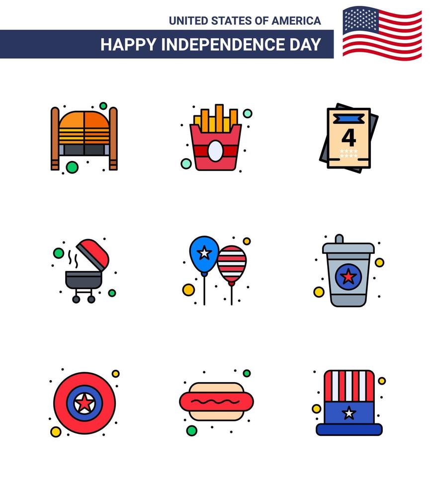 Pack of 9 USA Independence Day Celebration Flat Filled Lines Signs and 4th July Symbols such as party celebrate invitation balloons bbq Editable USA Day Vector Design Elements