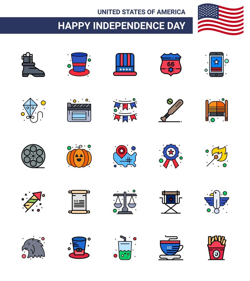 Happy Independence Day USA Pack of 25 Creative Flat Filled Lines of smart phone cell cap security shield Editable USA Day Vector Design Elements