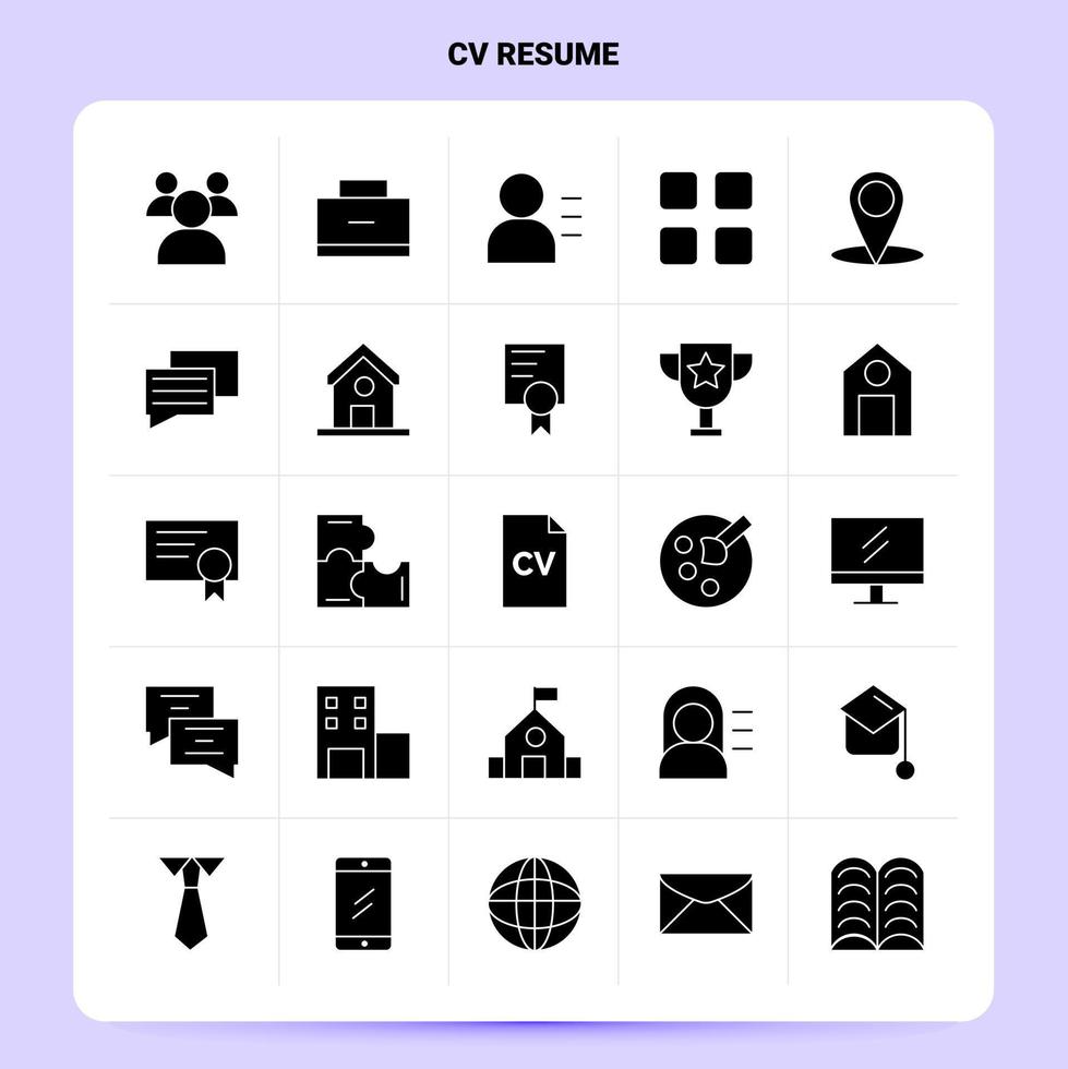 Solid 25 CV Resume Icon set Vector Glyph Style Design Black Icons Set Web and Mobile Business ideas design Vector Illustration