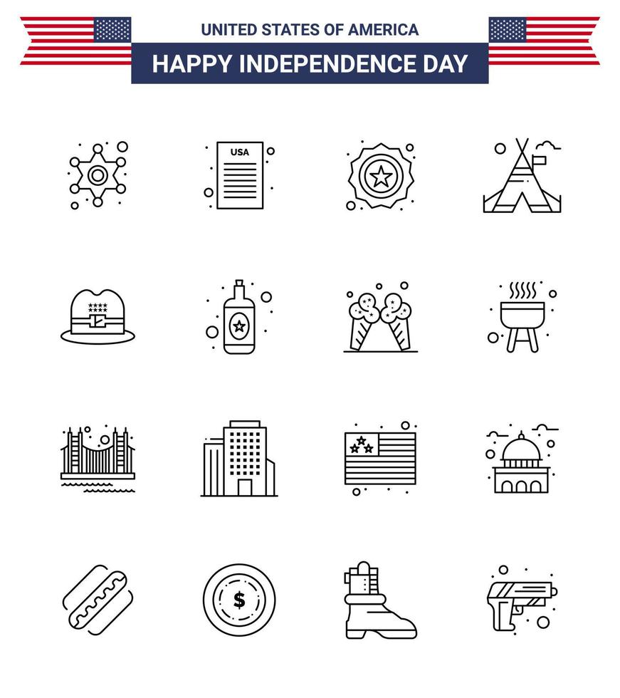 4th July USA Happy Independence Day Icon Symbols Group of 16 Modern Lines of american hat security american tent Editable USA Day Vector Design Elements
