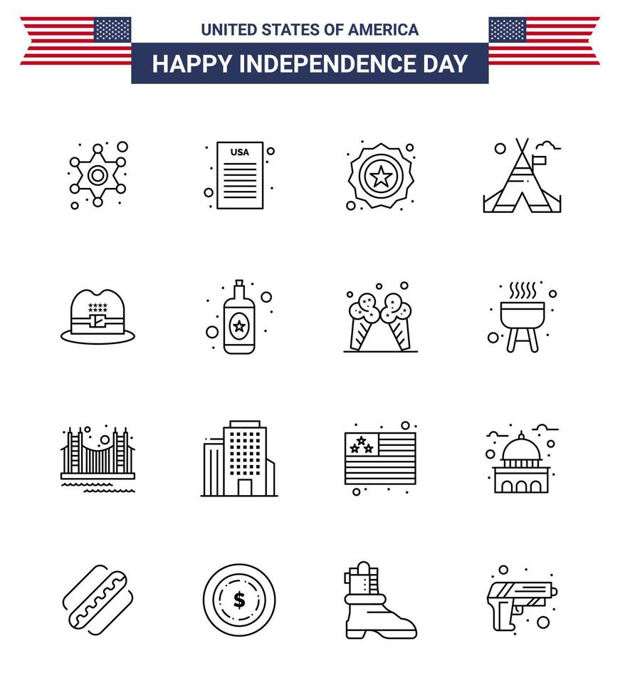 4 de julio estados unidos feliz día de la independencia icono símbolos grupo de 16 líneas modernas de sombrero americano seguridad carpa americana elementos de diseño vectorial del día de estados unidos editables vector