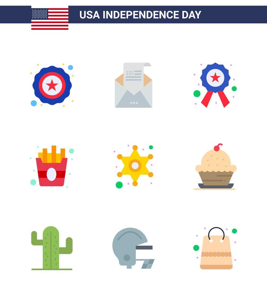 Editable Vector Line Pack of USA Day 9 Simple Flats of star men badge fries fast Editable USA Day Vector Design Elements