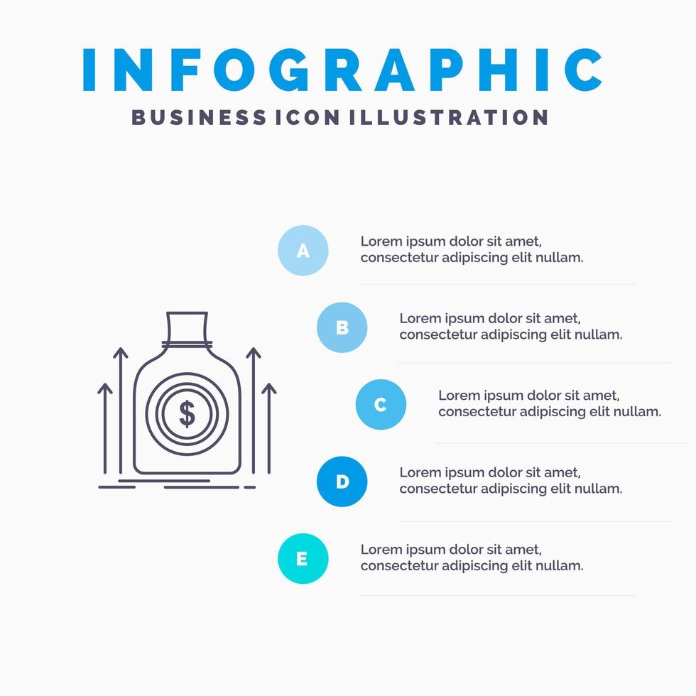 bolsa dinero dólar fondo préstamo línea icono con 5 pasos presentación infografía fondo vector