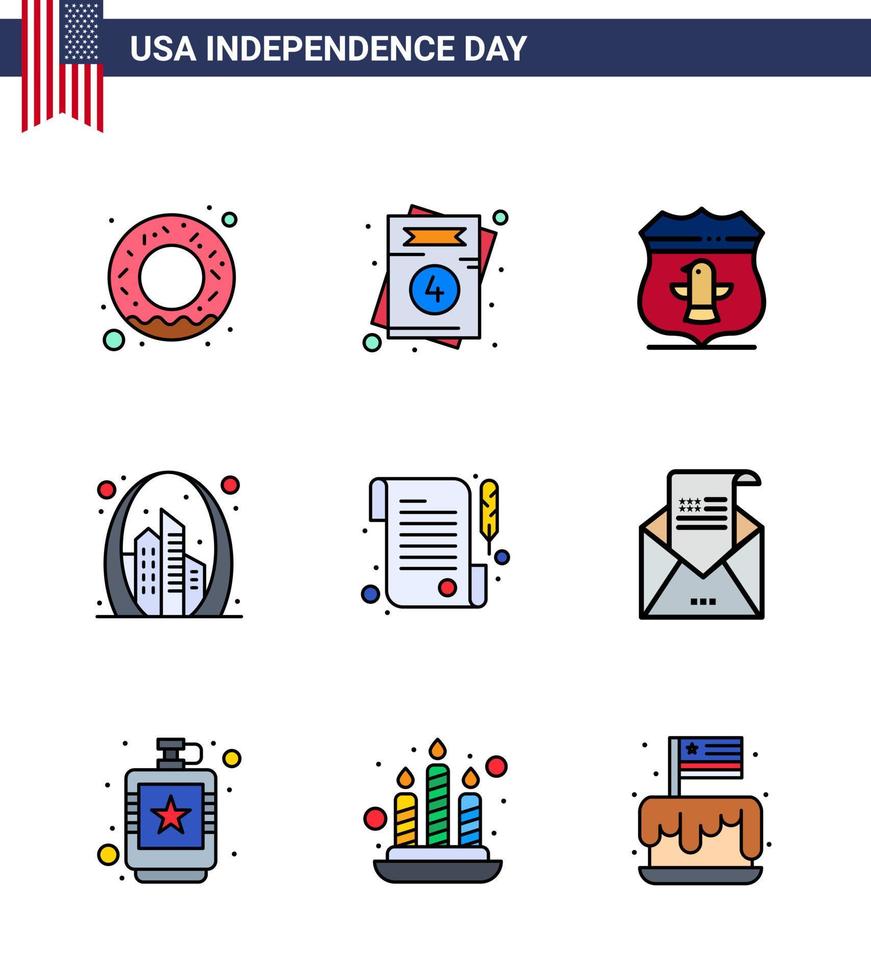 paquete de líneas planas llenas de 9 símbolos del día de la independencia de estados unidos de recibo estados unidos edificios emblemáticos elementos de diseño vectorial del día de estados unidos editables vector