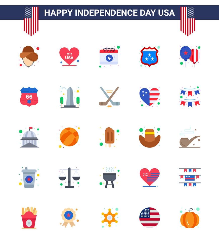 Happy Independence Day 4th July Set of 25 Flats American Pictograph of day balloons calendar police security Editable USA Day Vector Design Elements