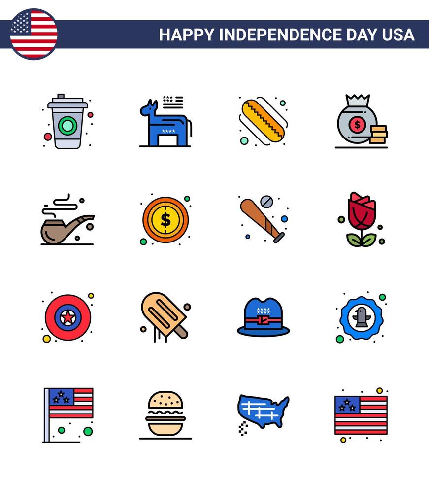 feliz día de la independencia 16 líneas planas rellenas paquete de iconos para web e imprimir usa humo hotdog pipe dinero editable usa day vector elementos de diseño