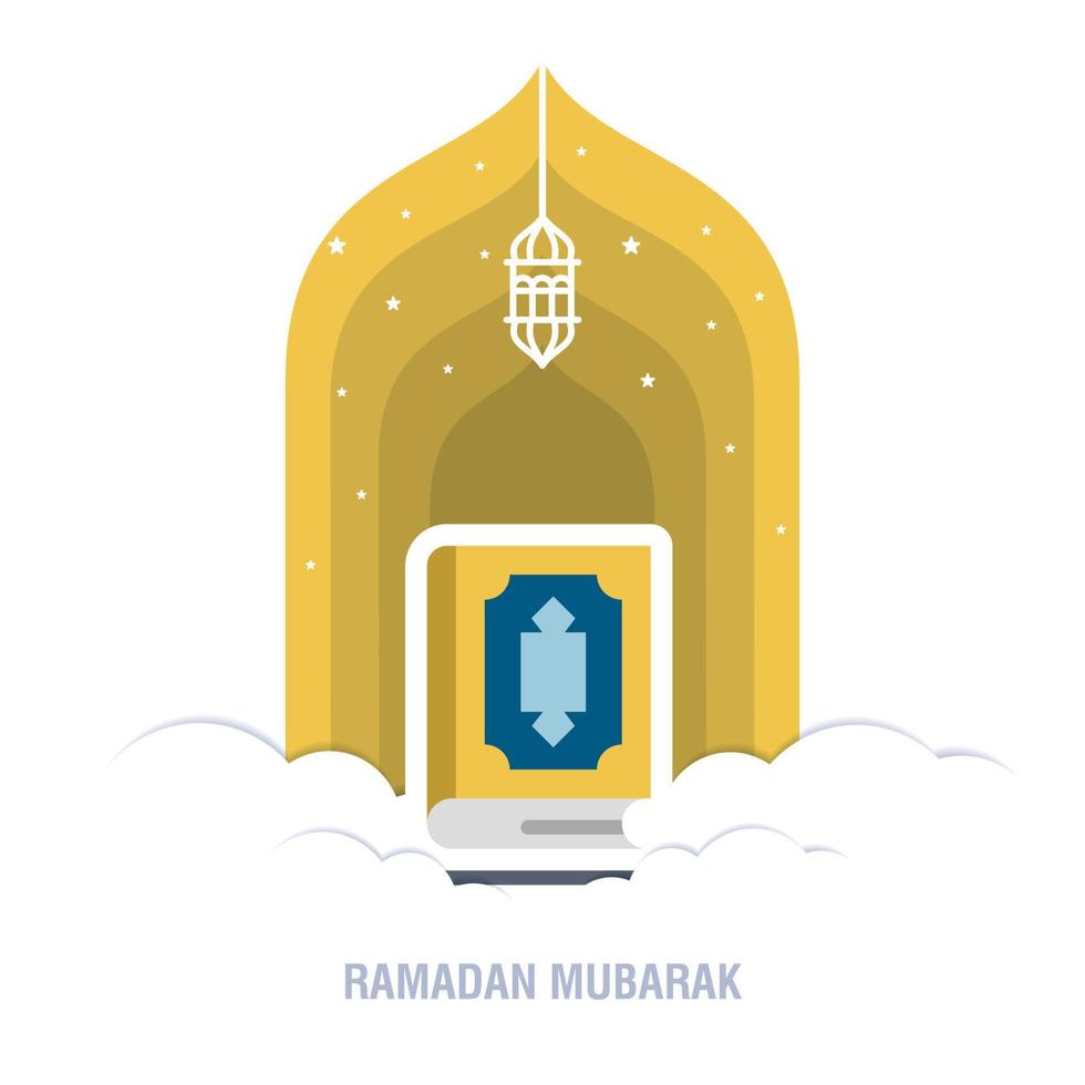 Ramadan Kareem islamic design crescent moon and mosque dome silhouette with arabic pattern and calligraphy vector