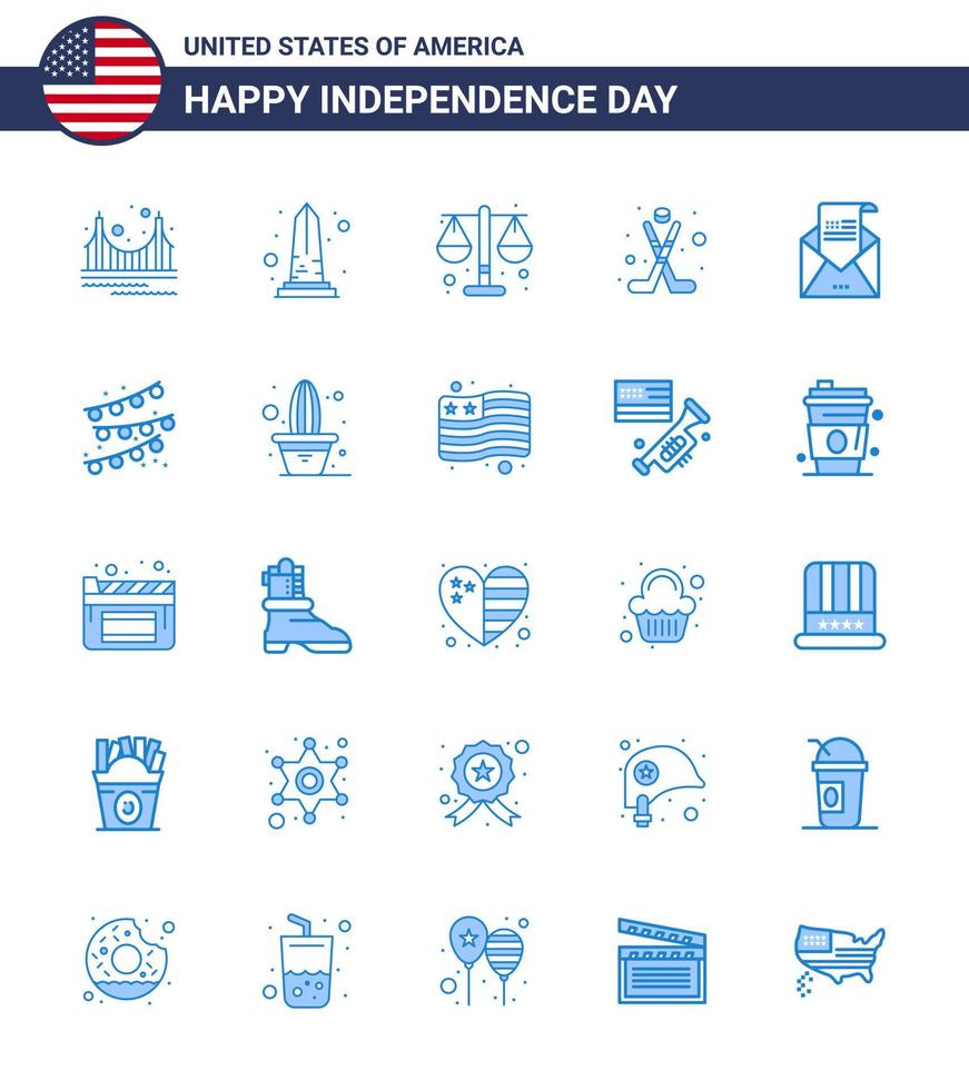 USA Happy Independence DayPictogram Set of 25 Simple Blues of sport hokey usa american law Editable USA Day Vector Design Elements