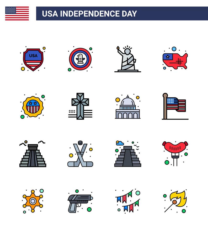 16 iconos creativos de EE. UU. Signos de independencia modernos y símbolos del 4 de julio de los estados de EE. UU. Insignia mapa estatua editable día de EE. UU. Elementos de diseño vectorial vector