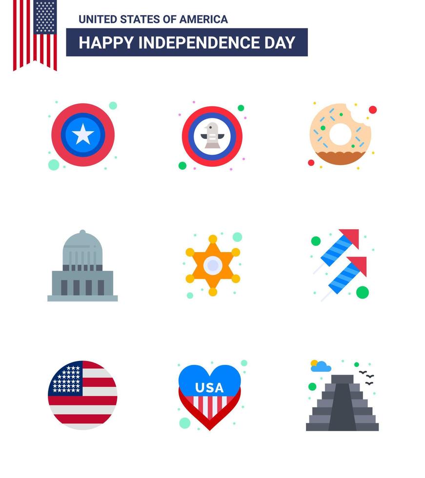 feliz día de la independencia 4 de julio conjunto de 9 pisos pictograma americano de hombres insignia histórica comida de la ciudad elementos de diseño vectorial del día de estados unidos editables vector