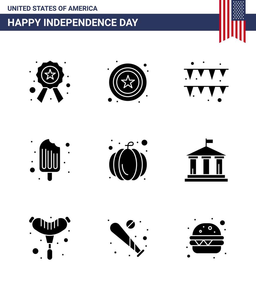 feliz día de la independencia paquete de 9 glifos sólidos signos y símbolos para guirnalda de calabaza de banco comida americana elementos de diseño de vector de día de estados unidos editables