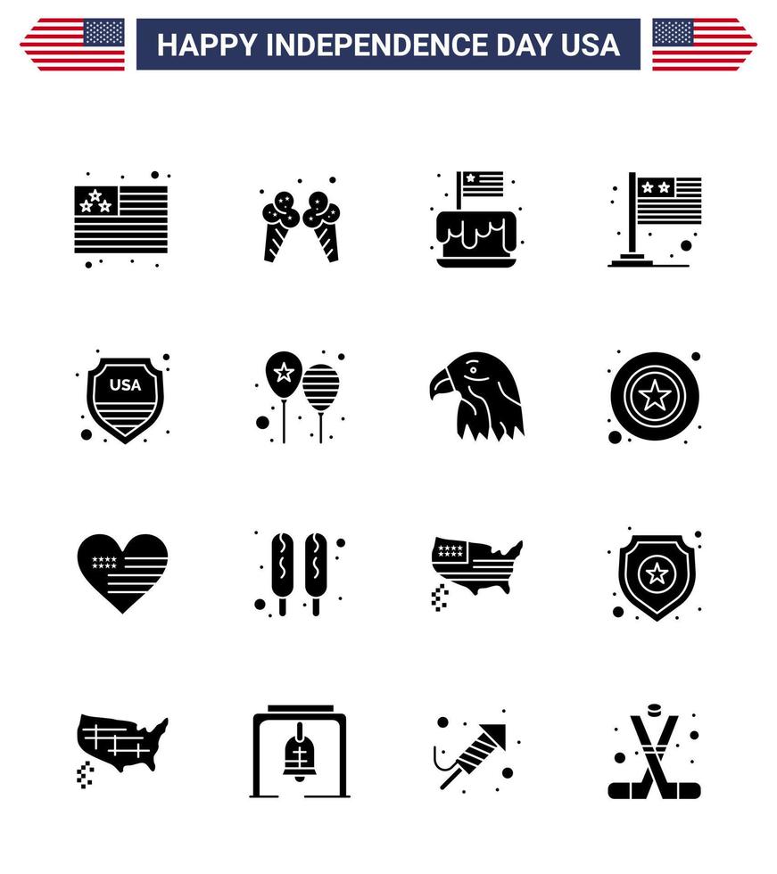 Happy Independence Day Pack of 16 Solid Glyphs Signs and Symbols for shield usa cake international country Editable USA Day Vector Design Elements