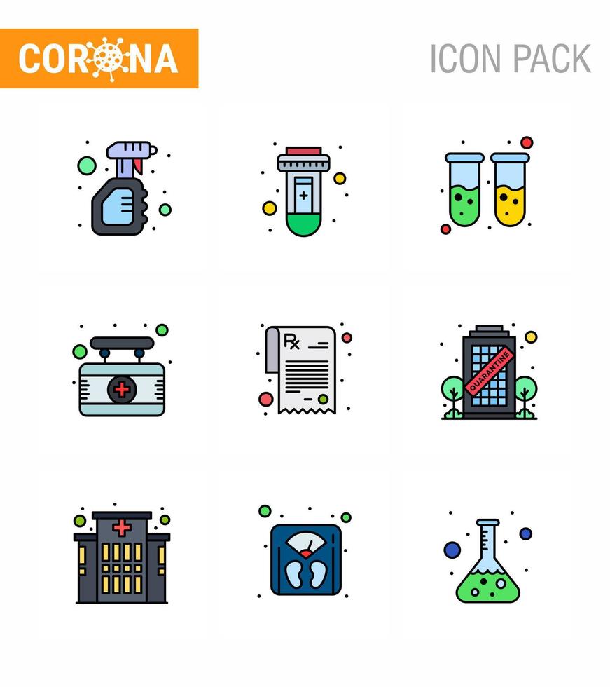9 Filled Line Flat Color Coronavirus Covid19 Icon pack such as pharmacy medical virus hospital lab viral coronavirus 2019nov disease Vector Design Elements