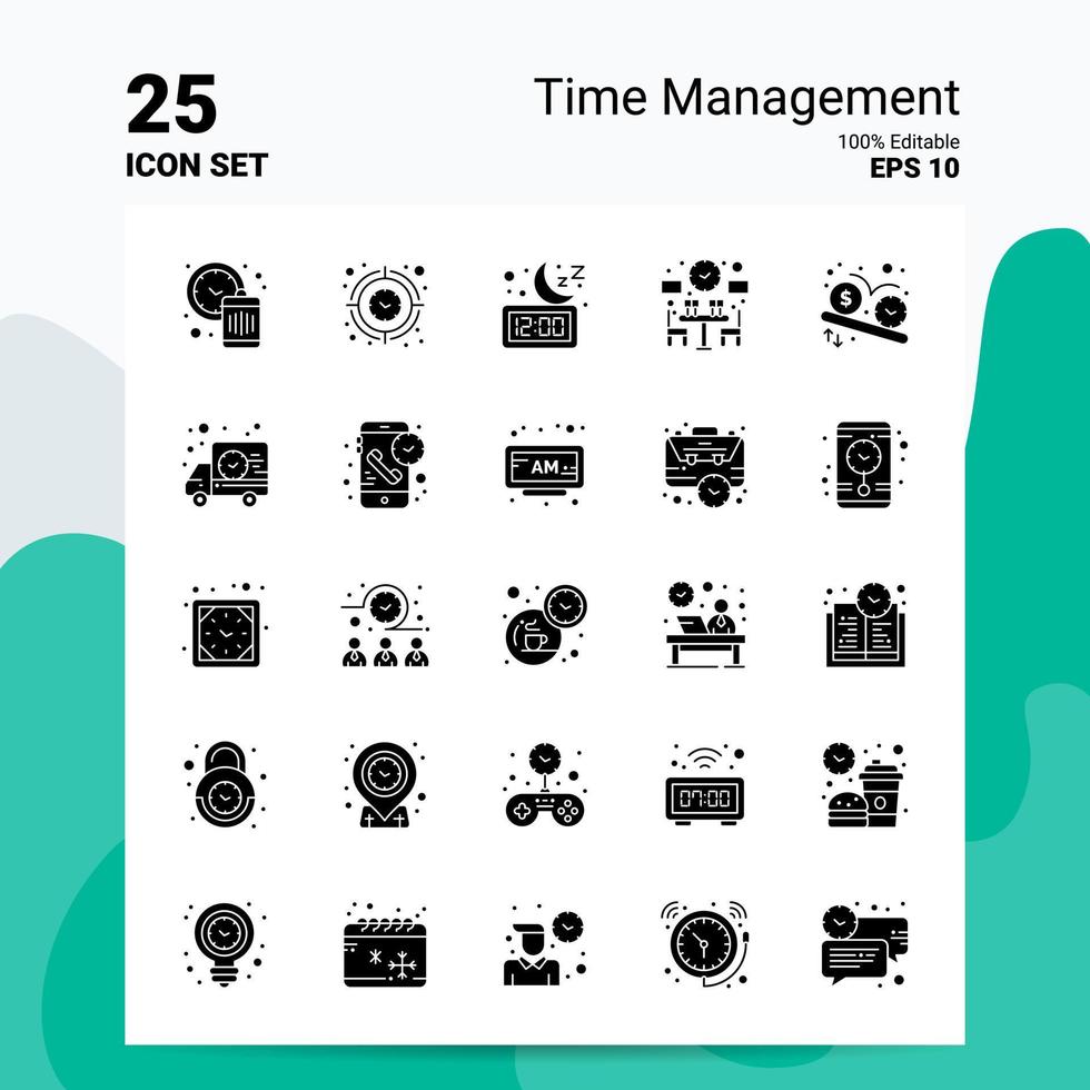 25 Time Management Icon Set 100 Editable EPS 10 Files Business Logo Concept Ideas Solid Glyph icon design vector