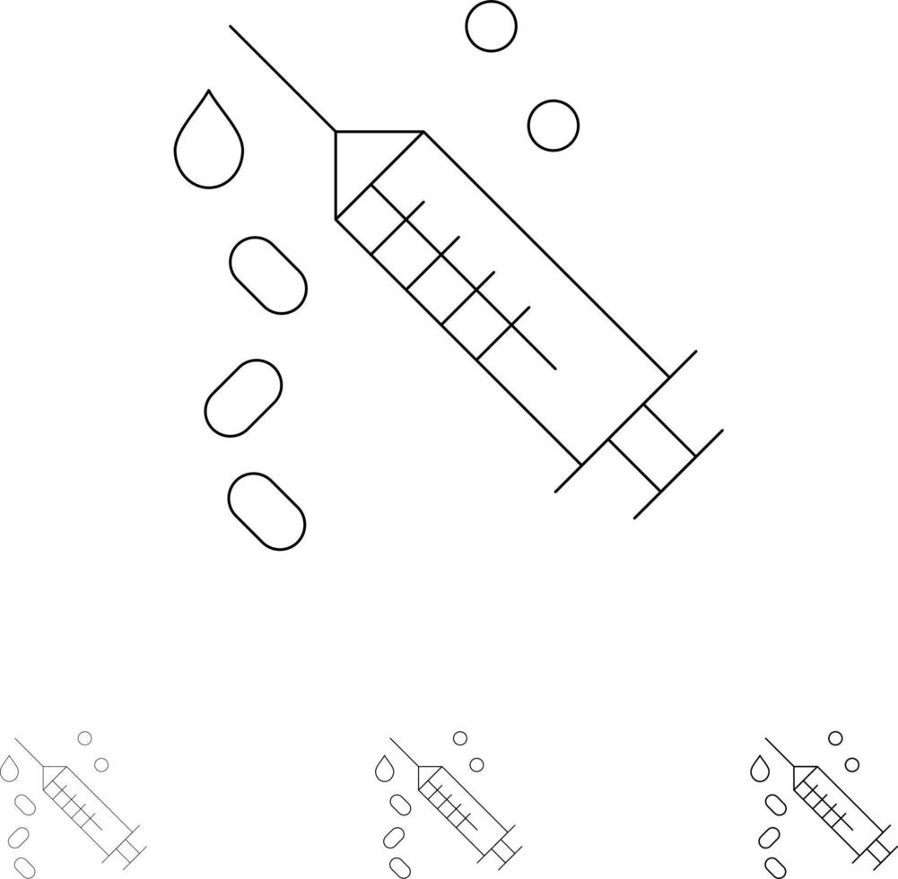 Injection Syringe Vaccine Treatment Bold and thin black line icon set vector