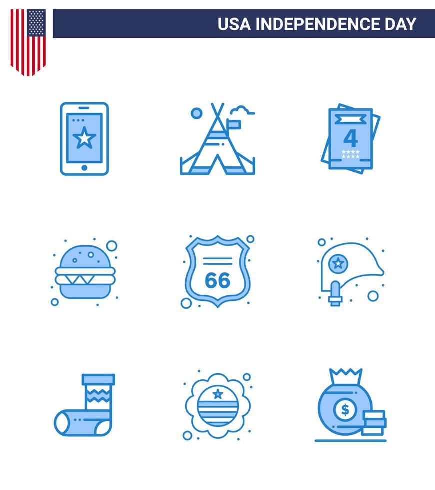 9 USA Blue Pack of Independence Day Signs and Symbols of american shield invitation security fast food Editable USA Day Vector Design Elements