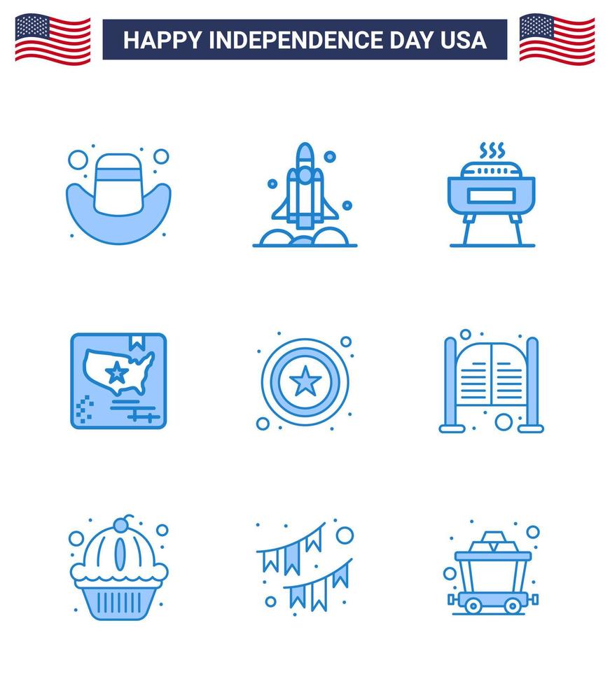 grupo de 9 blues establecidos para el día de la independencia de los estados unidos de américa, como el mapa de barbacoa star world, elementos de diseño vectorial del día de estados unidos editables estadounidenses vector