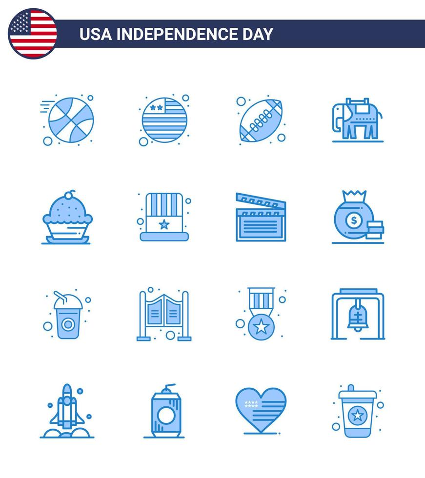 Big Pack of 16 USA Happy Independence Day USA Vector Blues and Editable Symbols of thanksgiving muffin sports dessert usa Editable USA Day Vector Design Elements