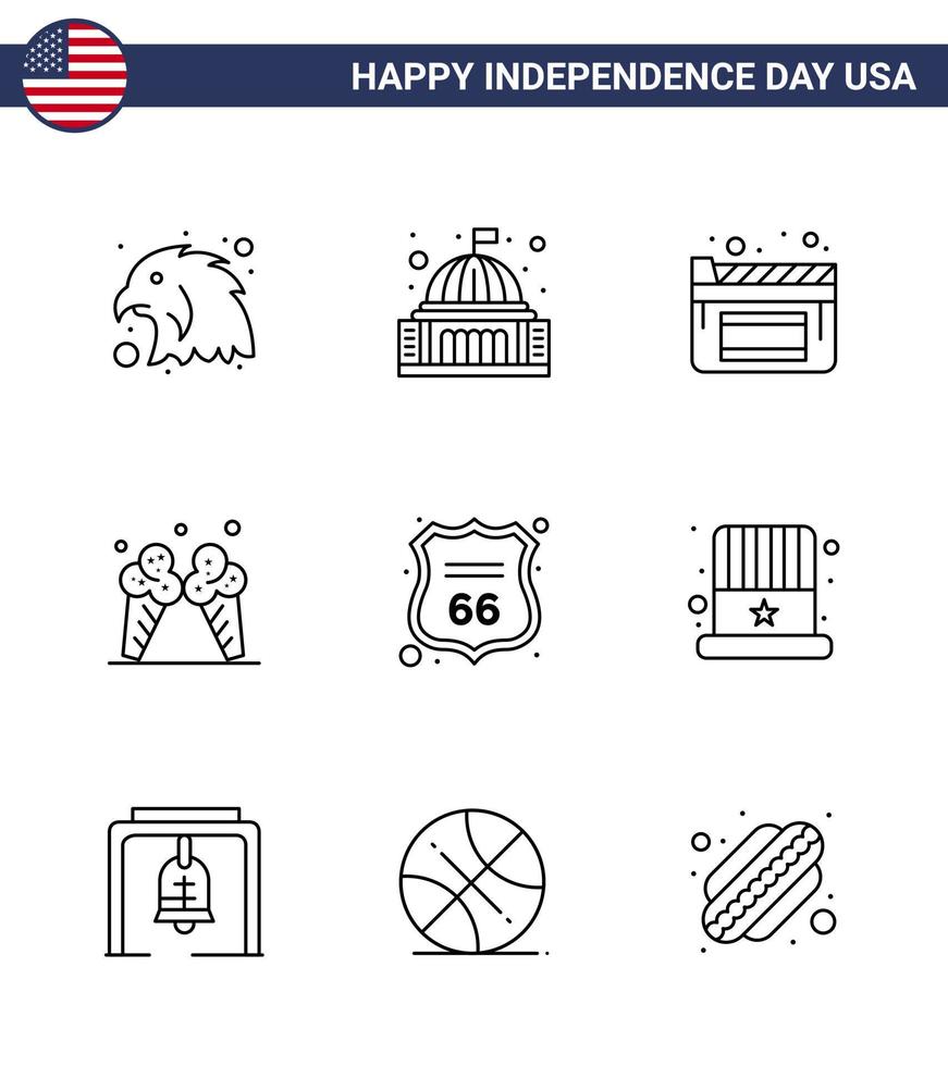 9 USA Line Pack of Independence Day Signs and Symbols of sign security cinema american ice Editable USA Day Vector Design Elements