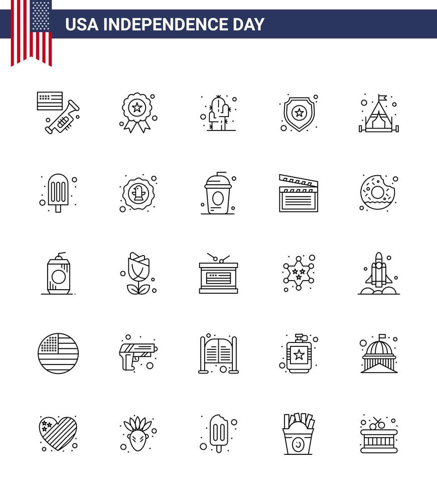 25 Creative USA Icons Modern Independence Signs and 4th July Symbols of camping sign cactus star shield Editable USA Day Vector Design Elements