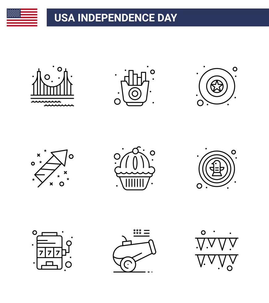 Editable Vector Line Pack of USA Day 9 Simple Lines of muffin holiday chips fireworks celebration Editable USA Day Vector Design Elements