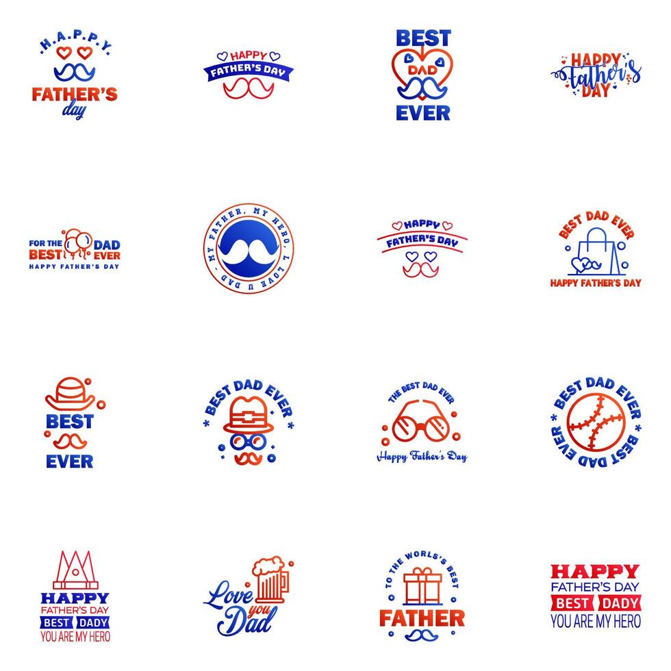 Happy Fathers day greeting hand lettering badges 16 Blue and red Typo isolated on white Typography design template for poster banner gift card t shirt print label sticker Retro vintage style V vector