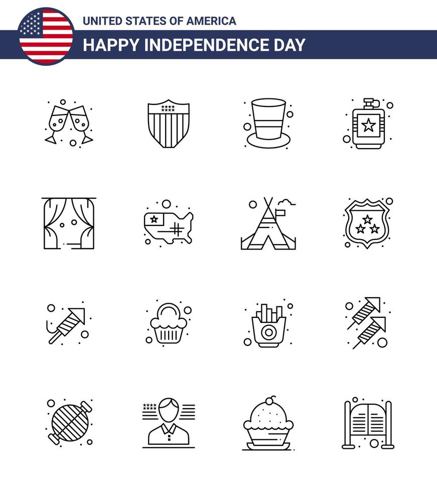 Happy Independence Day Pack of 16 Lines Signs and Symbols for leisure liquid cap hip drink Editable USA Day Vector Design Elements