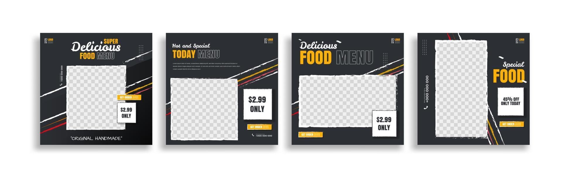 conjunto de historias de publicaciones de alimentos. diseño de plantilla de banner de redes sociales. diseño creativo, fácil uso para promociones de su producto. Cuento de comida para la promoción de tu restaurante. vector