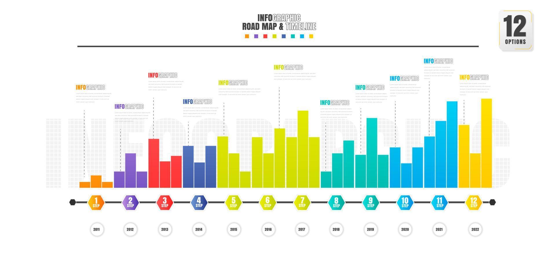 plantilla de diseño de infografías de línea de tiempo con 12 opciones, diagrama de proceso. vector