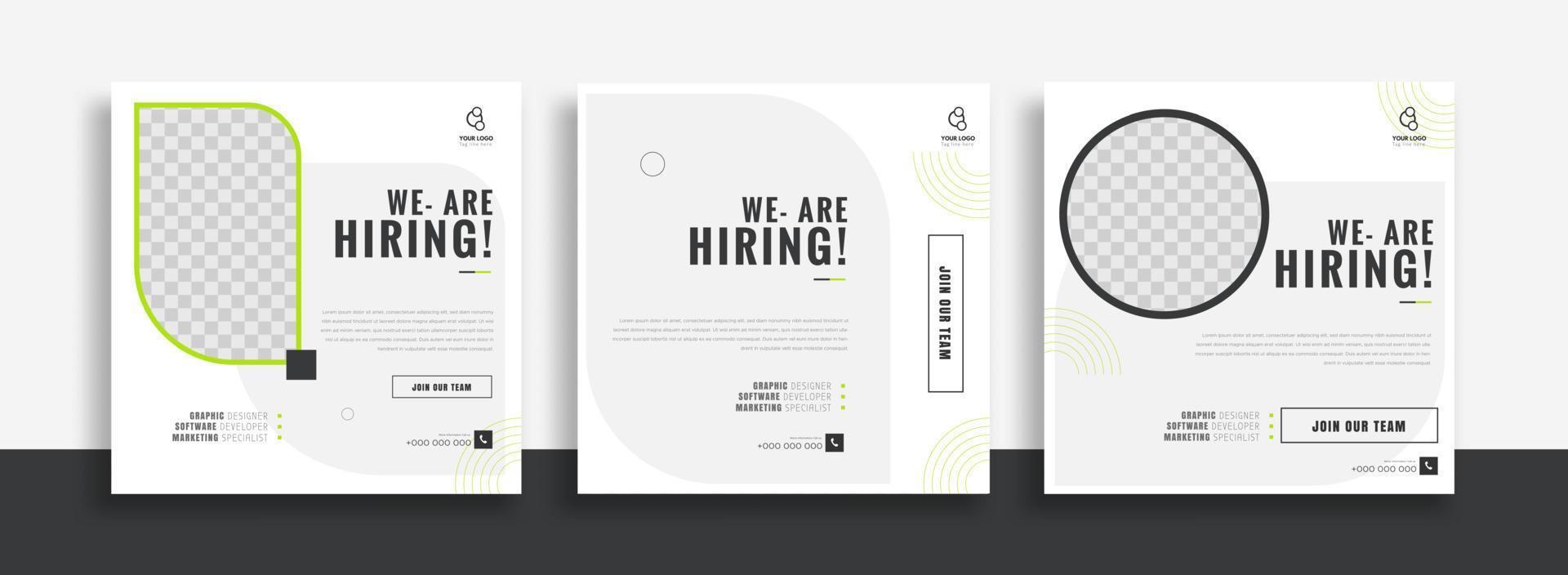 We are hiring job vacancy social media post banner design template with green and black color. We are hiring job vacancy square web banner design. vector