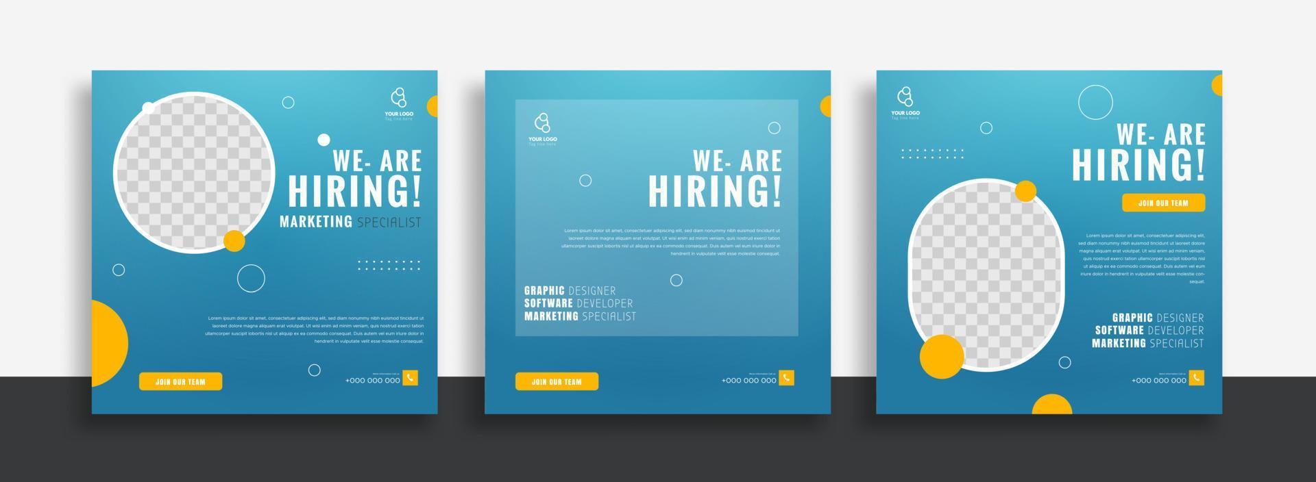 estamos contratando plantilla de diseño de banner de publicación de redes sociales de vacante de trabajo con color azul y amarillo. estamos contratando diseño de banner web cuadrado de vacante de trabajo. vector