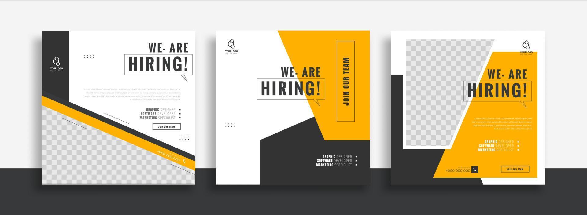 estamos contratando plantilla de diseño de banner de publicación de redes sociales de vacante de trabajo con color amarillo. estamos contratando diseño de banner web cuadrado de vacante de trabajo. vector