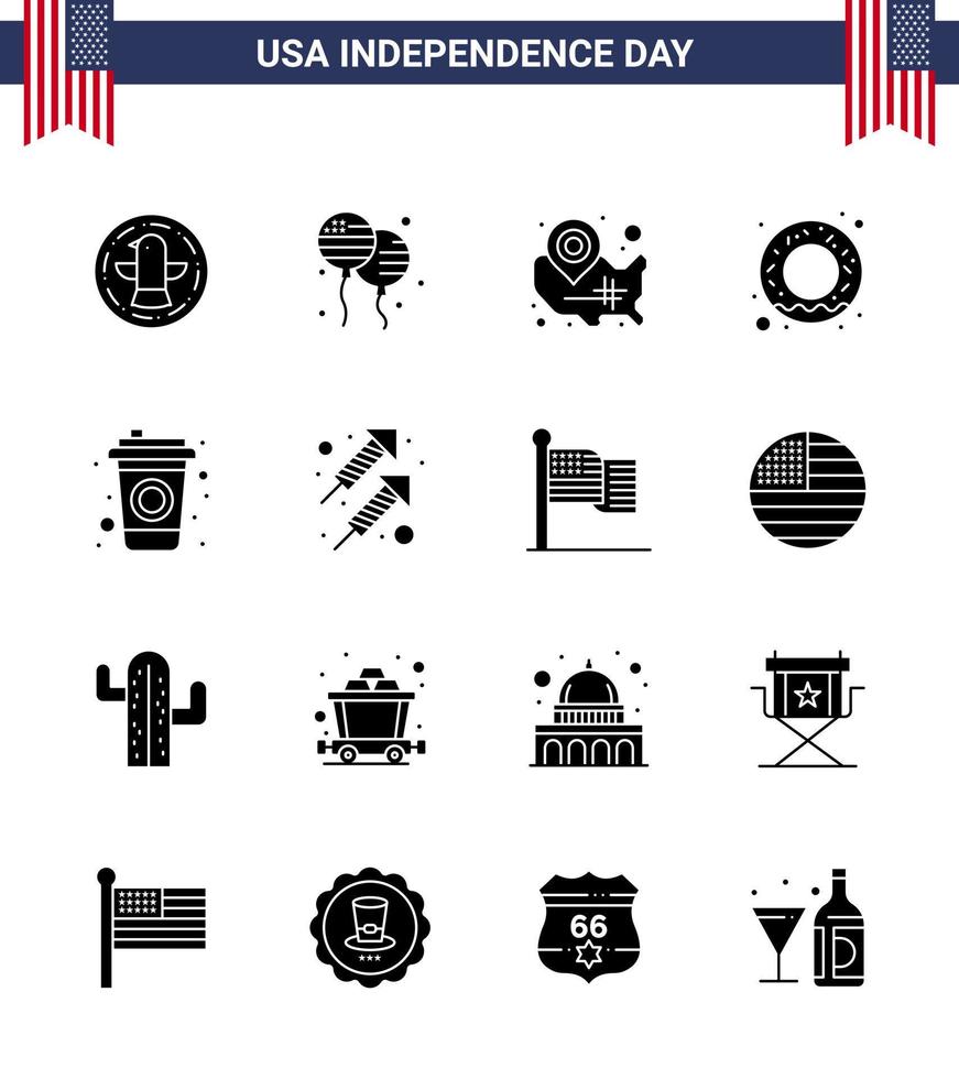 Pack of 16 USA Independence Day Celebration Solid Glyphs Signs and 4th July Symbols such as cola nutrition map food location pin Editable USA Day Vector Design Elements