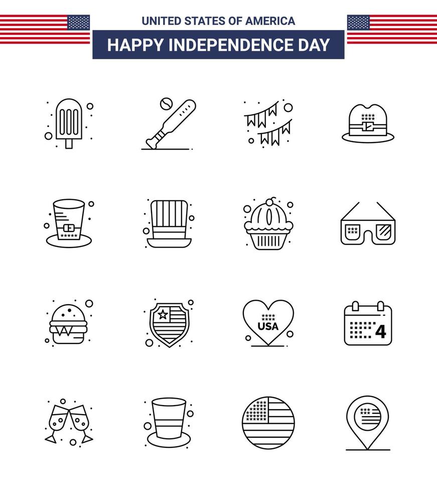 paquete de línea de 16 símbolos del día de la independencia de estados unidos de hat american american cap garland elementos de diseño vectorial editables del día de estados unidos vector