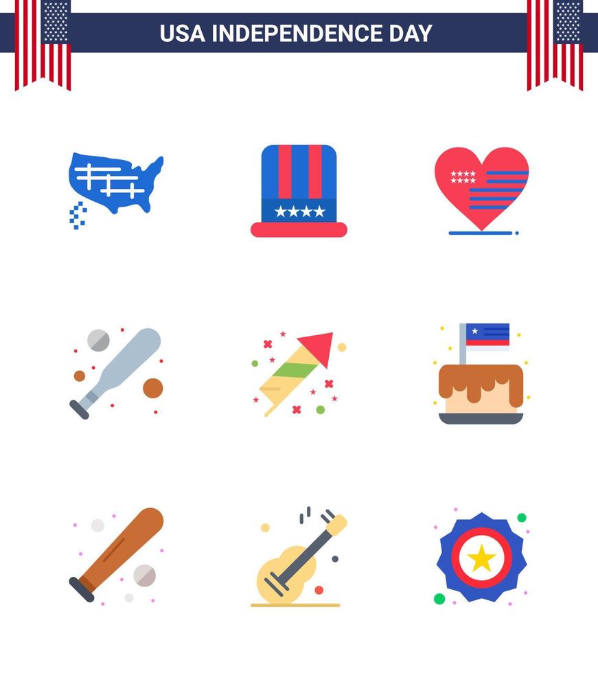 USA Independence Day Flat Set of 9 USA Pictograms of fireworks celebration heart hardball baseball Editable USA Day Vector Design Elements