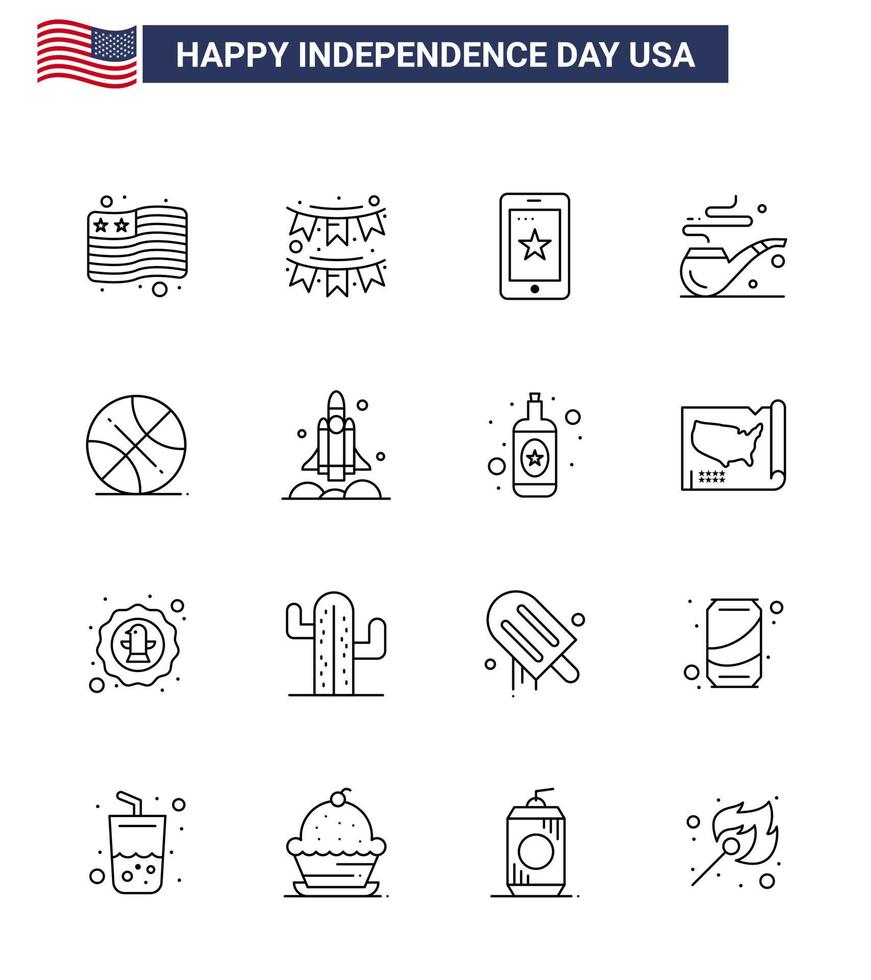 Editable Vector Line Pack of USA Day 16 Simple Lines of sports backetball mobile st pipe Editable USA Day Vector Design Elements