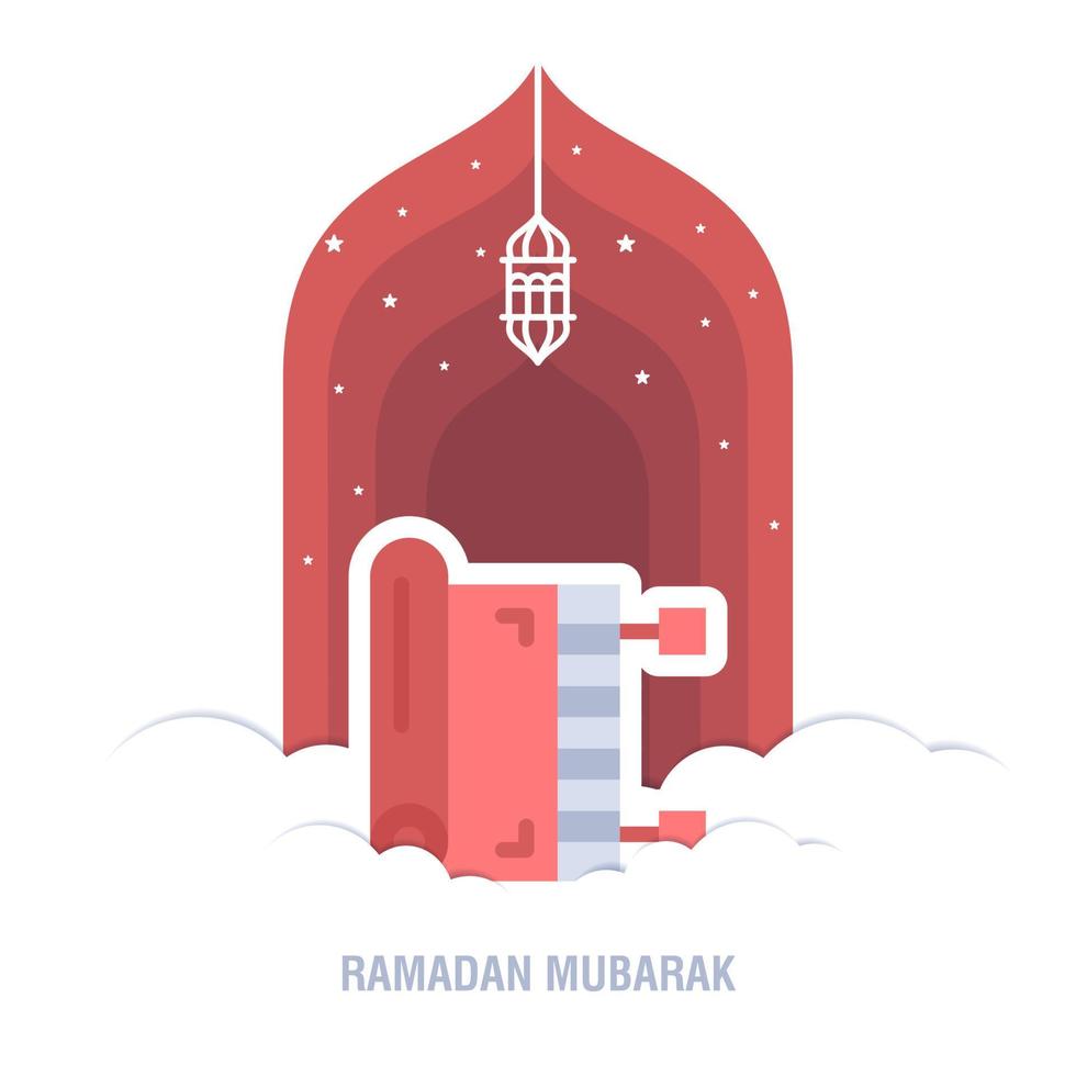 Ramadan Kareem islamic design crescent moon and mosque dome silhouette with arabic pattern and calligraphy vector