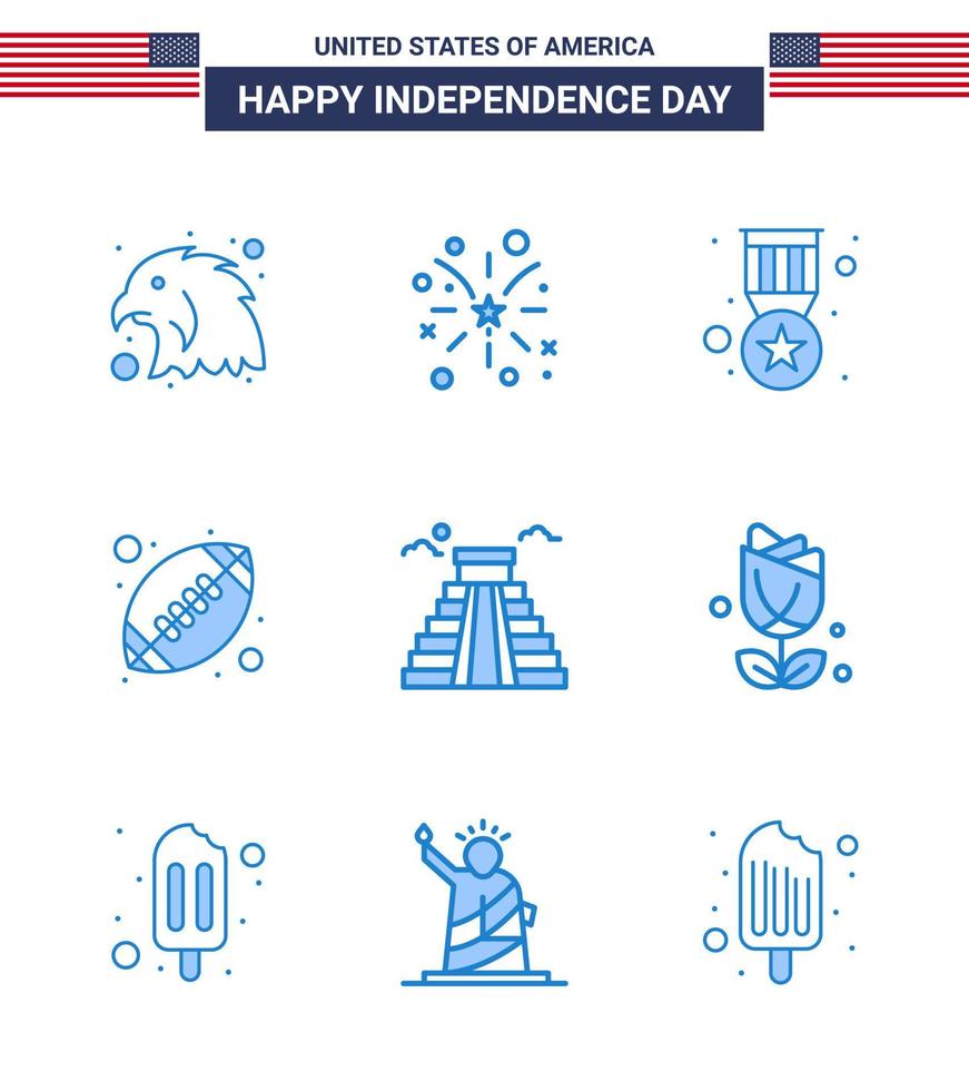 paquete de feliz día de la independencia de 9 signos y símbolos de blues para la insignia de construcción americana elementos de diseño de vector de día de estados unidos editables de rugby de pelota americana