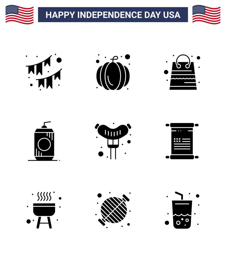 9 paquete de glifos sólidos de estados unidos de signos y símbolos del día de la independencia de frankfurter estados unidos bolsa botella de bebida editable elementos de diseño vectorial del día de estados unidos vector