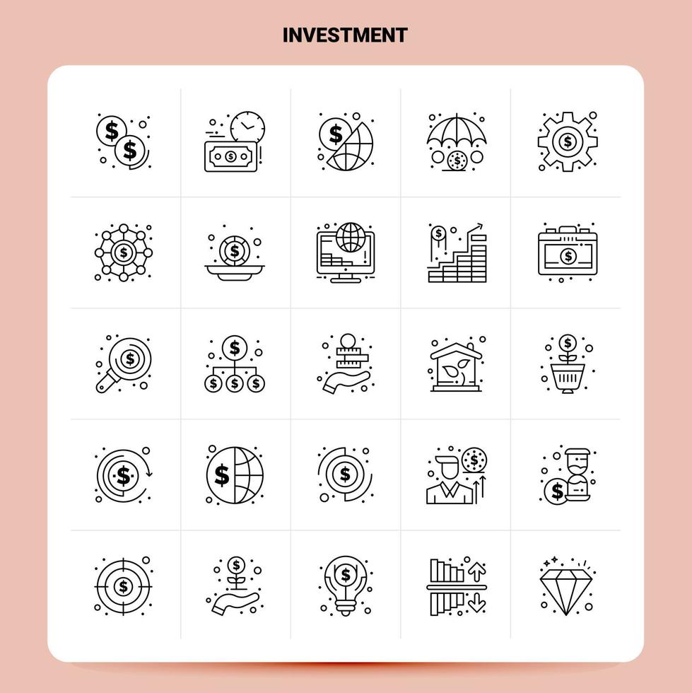 OutLine 25 Investment Icon set Vector Line Style Design Black Icons Set Linear pictogram pack Web and Mobile Business ideas design Vector Illustration