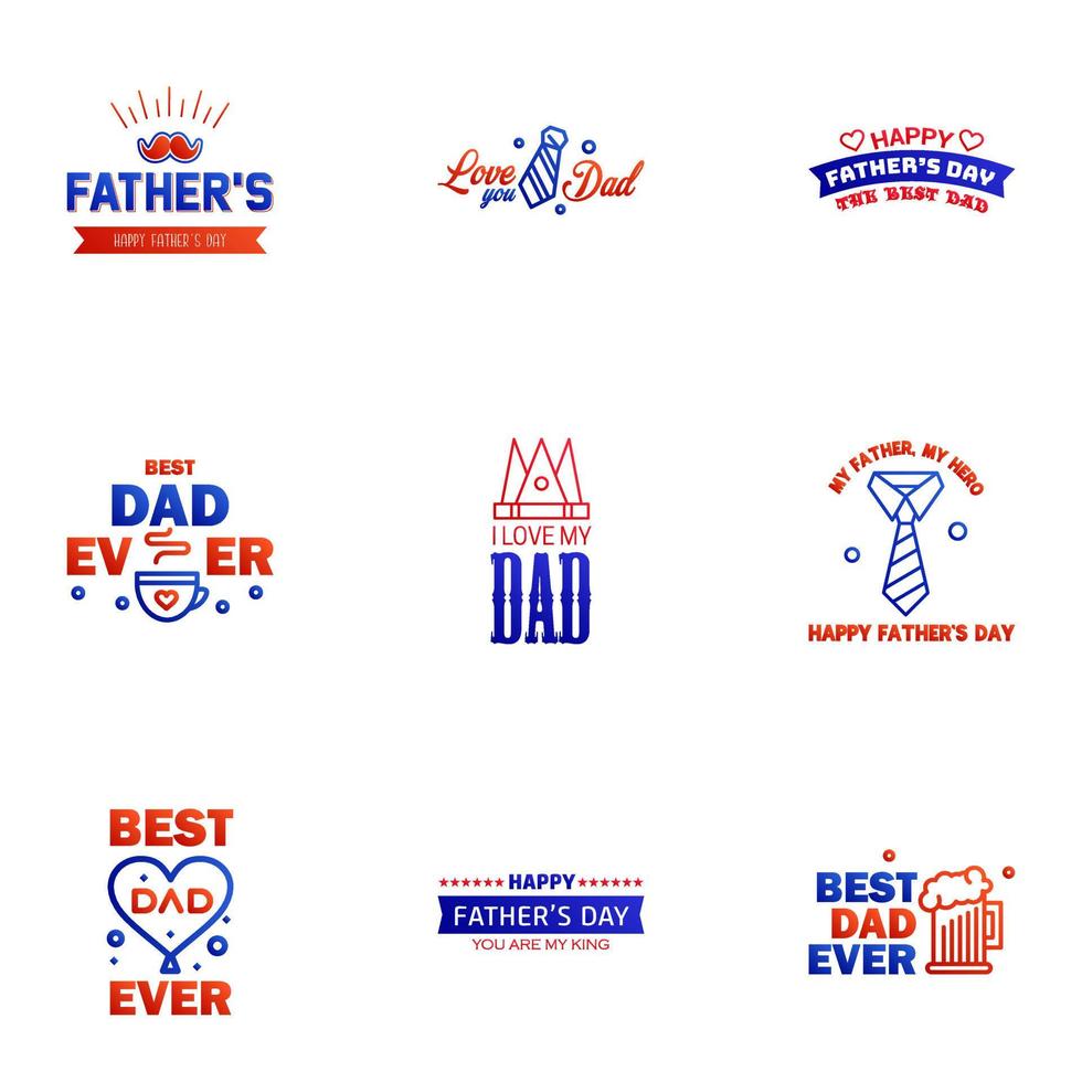 Happy fathers day greeting cards set 9 Blue and red Vector typography lettering Usable for banners print You are the best dad text design Editable Vector Design Elements