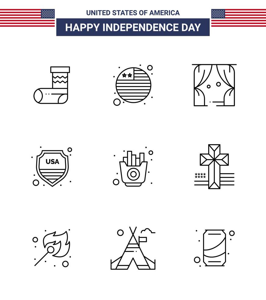 Happy Independence Day 4th July Set of 9 Lines American Pictograph of fries fast leisure usa shield Editable USA Day Vector Design Elements