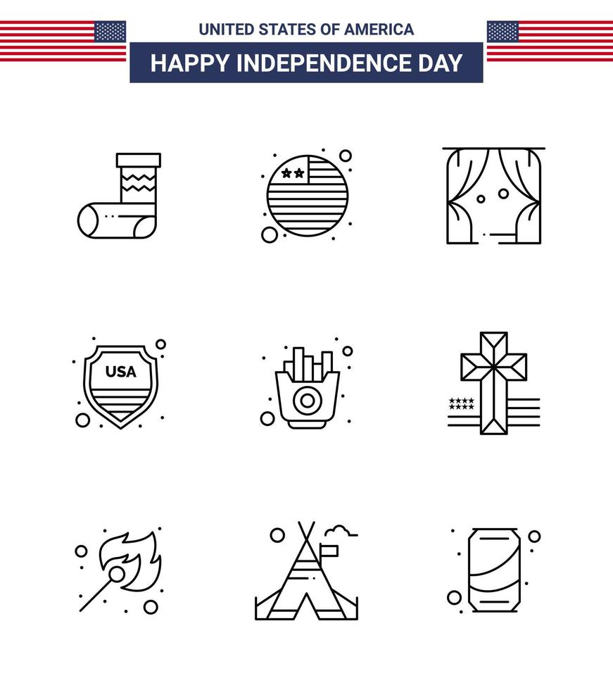 feliz día de la independencia 4 de julio conjunto de 9 líneas pictografía americana de papas fritas ocio rápido escudo de estados unidos elementos de diseño de vector de día de estados unidos editables