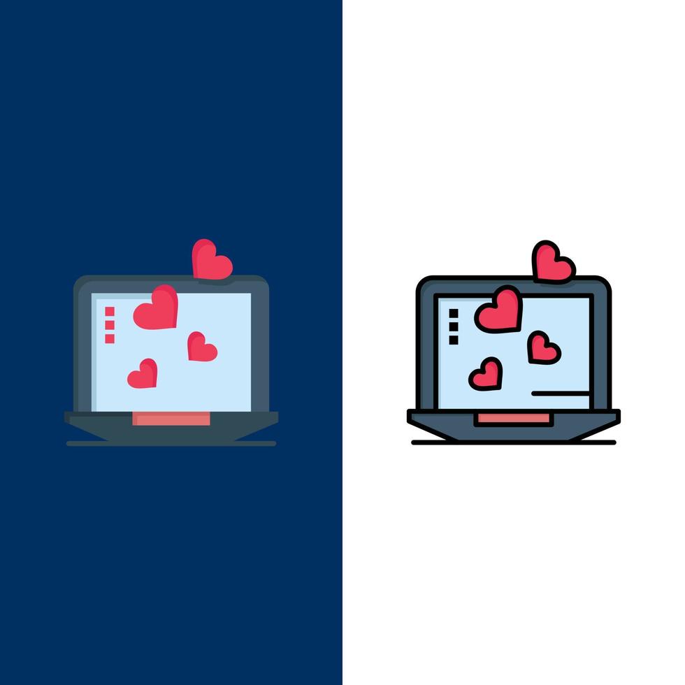 Laptop Love Heart Wedding  Icons Flat and Line Filled Icon Set Vector Blue Background