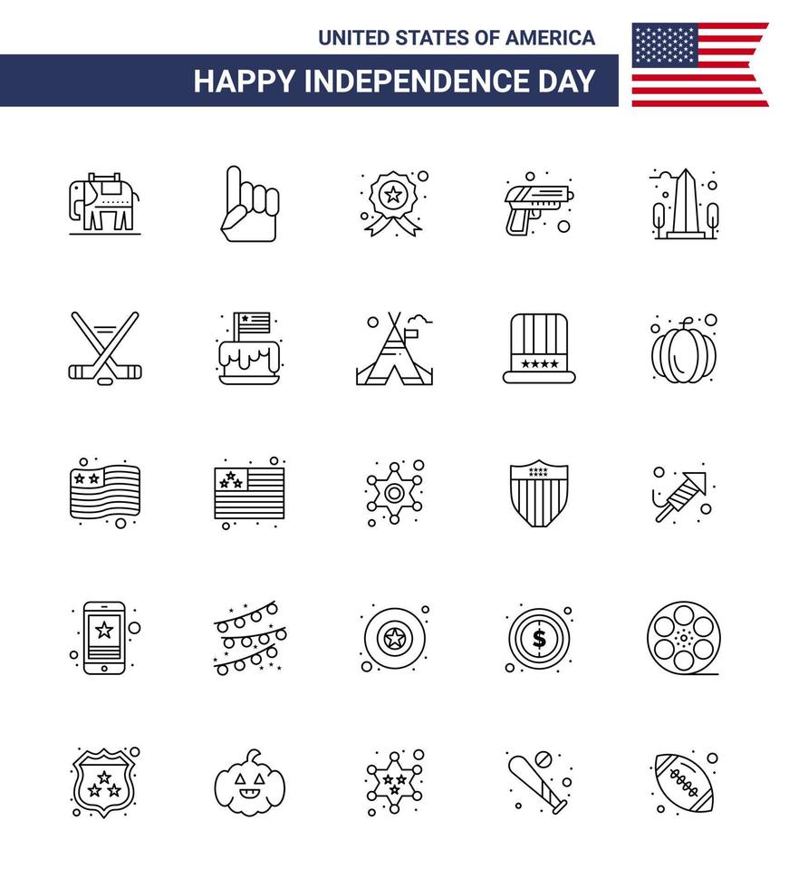 Line Pack of 25 USA Independence Day Symbols of sight landmark investigating weapon security Editable USA Day Vector Design Elements