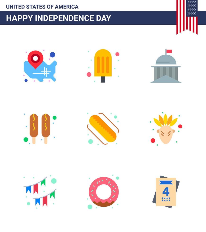 paquete de 9 letreros planos de celebración del día de la independencia de estados unidos y símbolos del 4 de julio, como hotdog food city hot dog irish editable usa day vector design elements