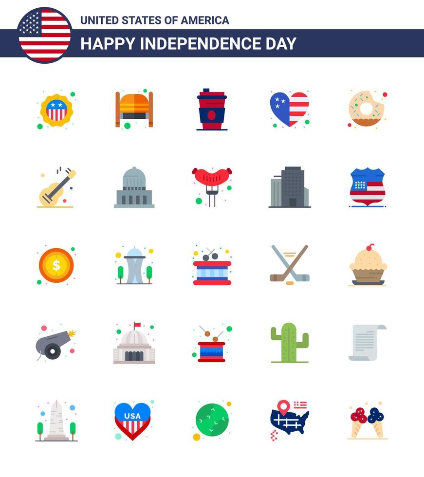 Pack of 25 creative USA Independence Day related Flats of donut flag entrance country usa Editable USA Day Vector Design Elements